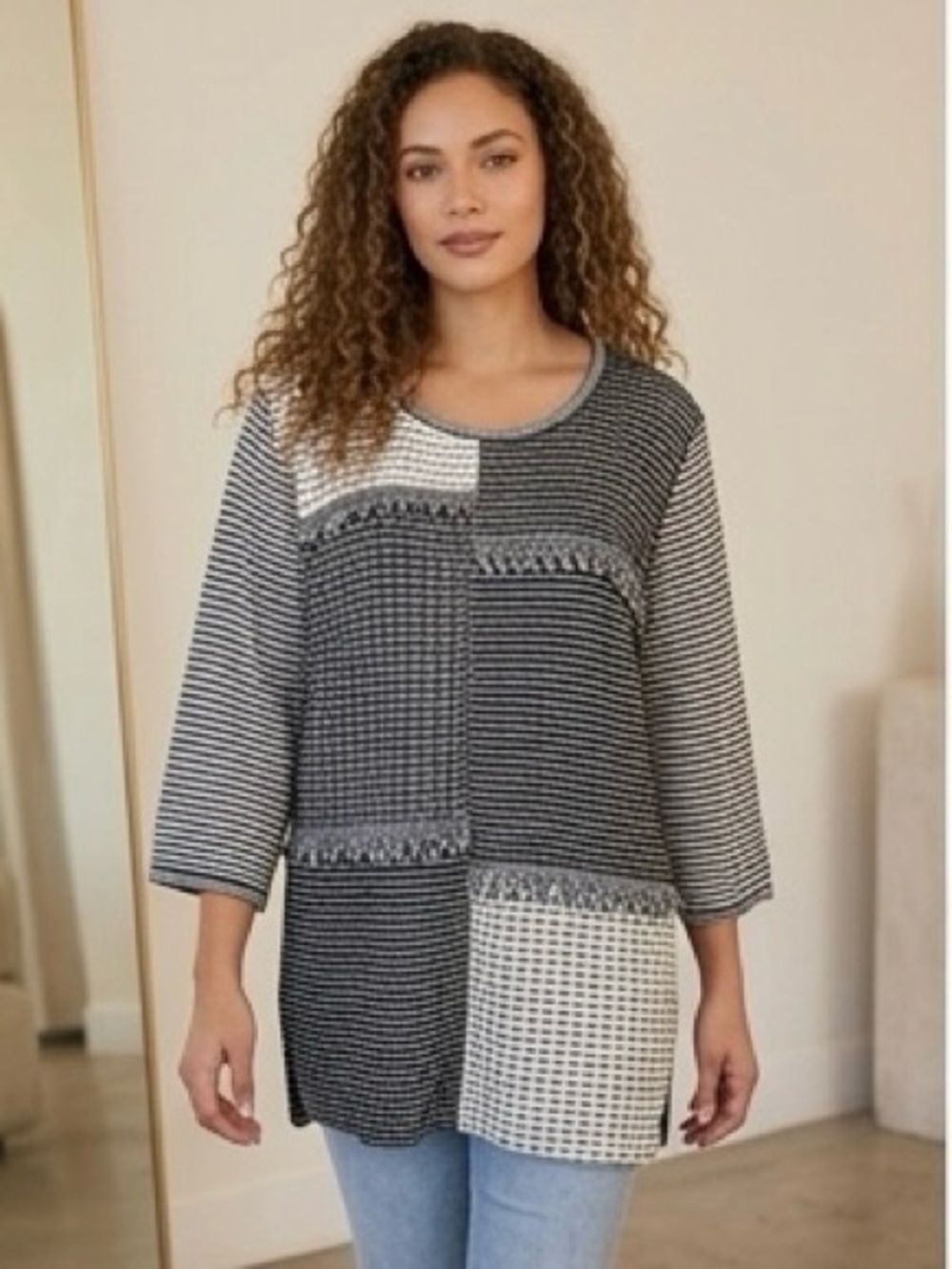 Ming Wang Mixed Stripe Patchwork Tunic Top